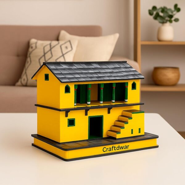 Uttarakhand Pahadi House Miniature placed on a wooden study table