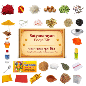 Satyanarayan Pooja Kit with all puja samagri items arranged neatly for home pooja